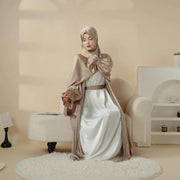 Poet Sleeve Satin Open Abaya With Matching Belt and Hijab (ABA009)